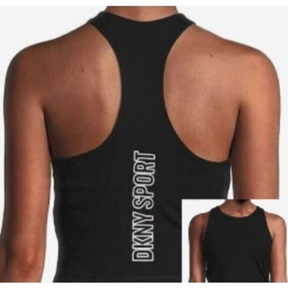 DKNY SPORT - MWT - L Sz XL Racerback Metallic Logo Cropped Tee in Black - Picture 12 of 15